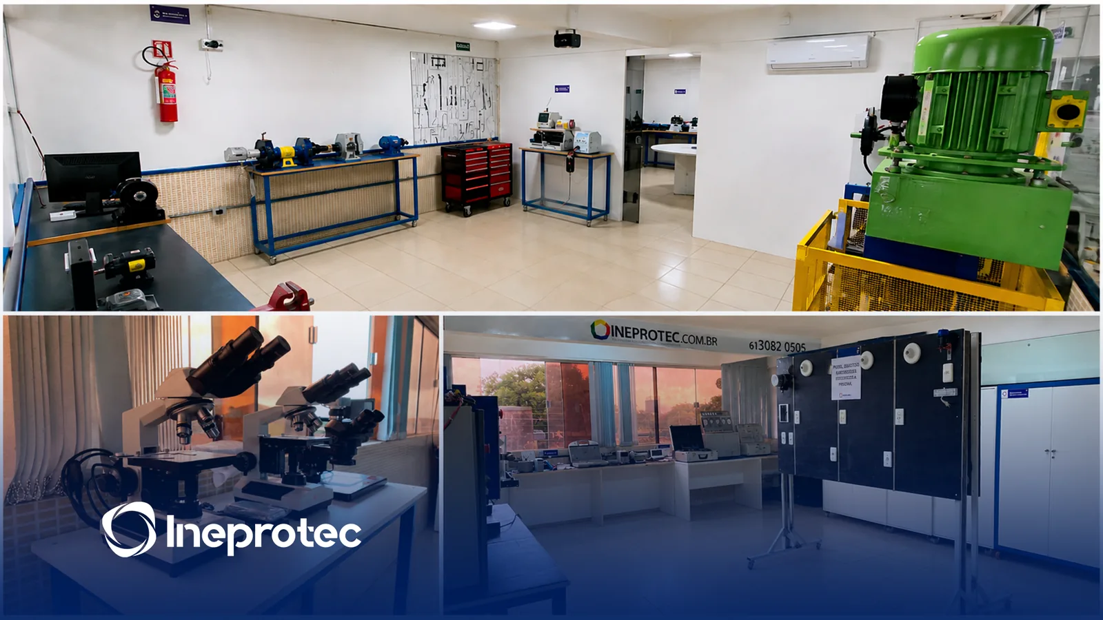 Laboratórios da unidade de Brasília com bancadas, microscópios, painéis elétricos e equipamentos didáticos