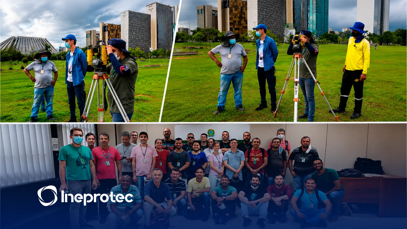 Alunos da INEPROTEC em prática de campo com estação total em Brasília e foto da turma reunida